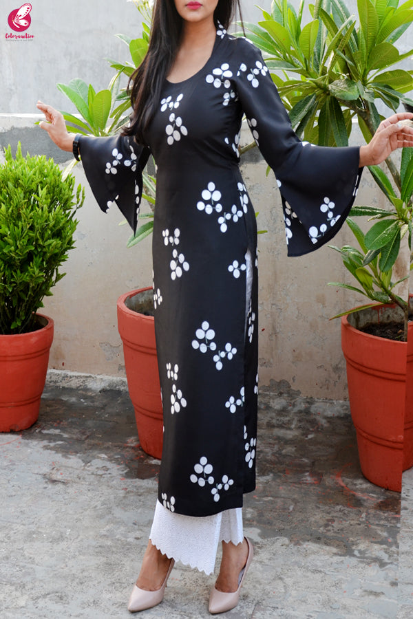 Black &amp; White Printed Pure Silk Kurti with Lakhnawi Cotton Full Lining Palazzo