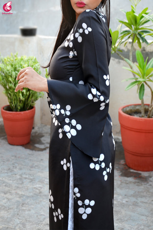 Black &amp; White Printed Pure Silk Kurti with Lakhnawi Cotton Full Lining Palazzo