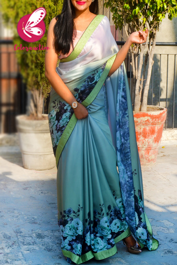 Olive Green Printed Satin Dupion Taping  Black Piping Saree