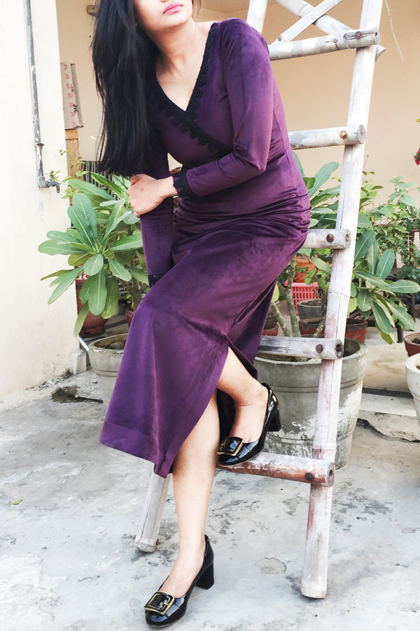 Purple Velvet Lacy Maxi Dress