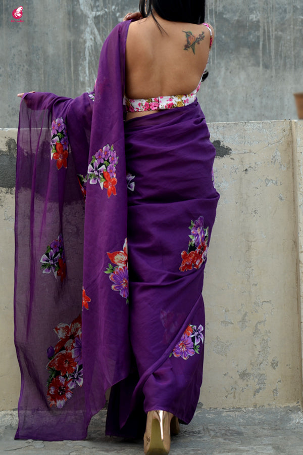 Purple  Organdy Applique Floral Saree