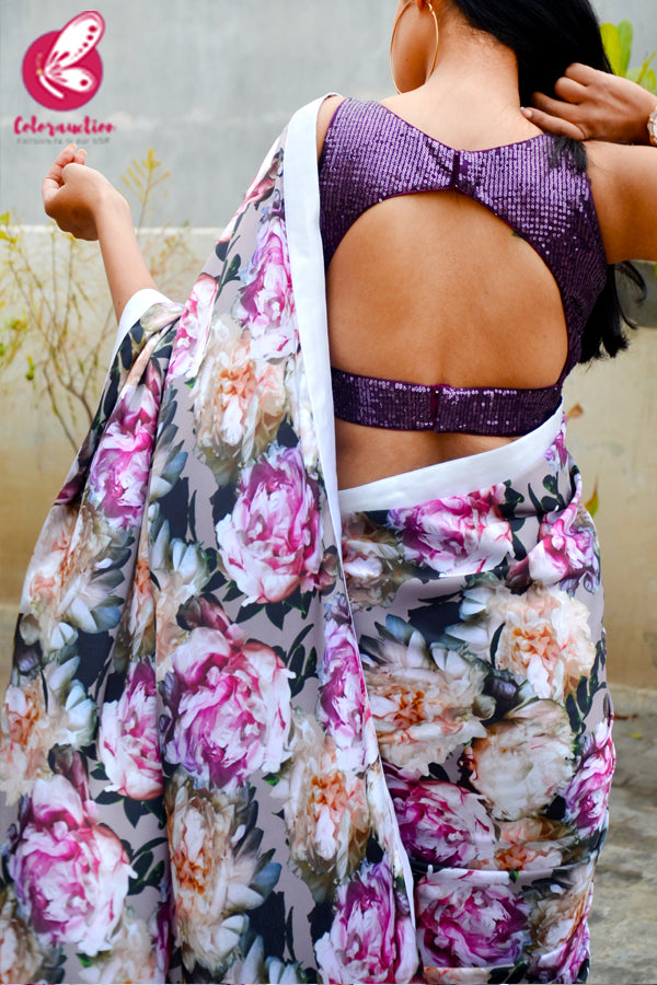 Multicolored Printed Floral Satin White Satin Taping Saree