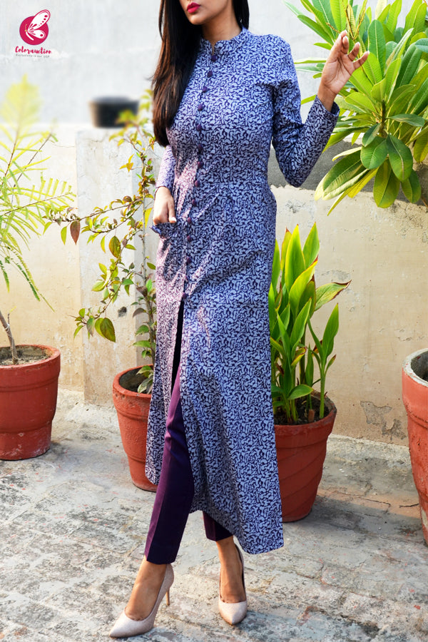 Grey &amp; Purple Cotton Silk Kurti with Purple Cotton Silk Pants