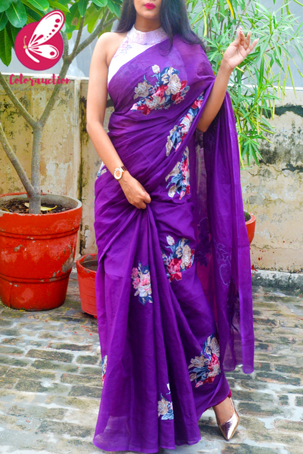 Purple Organdy Floral Applique Saree