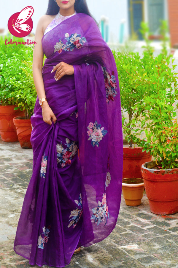 Purple Organdy Floral Applique Saree