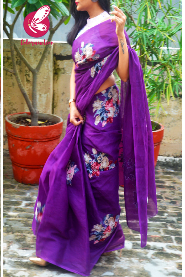 Purple Organdy Floral Applique Saree