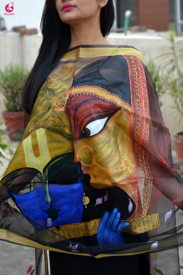 Black Handpainted Radha Krishna Organza Stole
