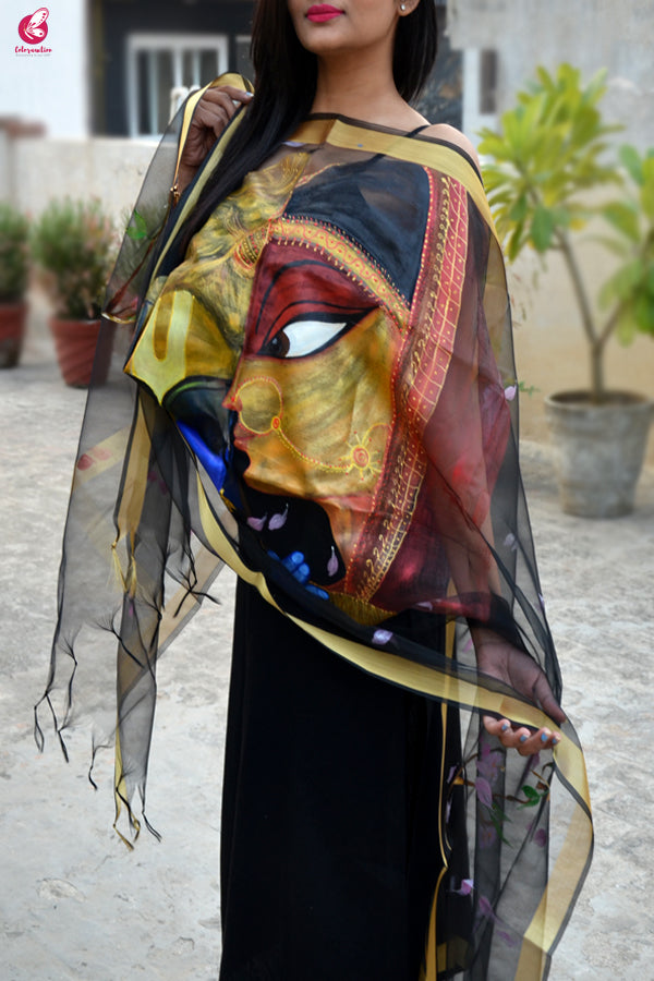 Black Handpainted Radha Krishna Organza Stole