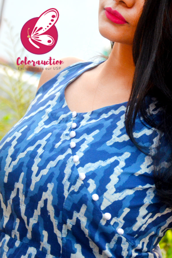 Indigo Blue Cambric Cotton Kurti with Blue and White Cambric Cotton Palazzo Kurti Set