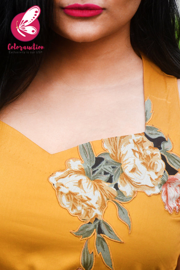 Mustard Golden Cotton Silk Sleeveless Patch Work Kurti