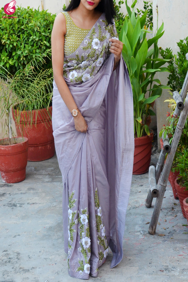 Lavender Grey Pure Silk Floral Ribbon Handwork Saree