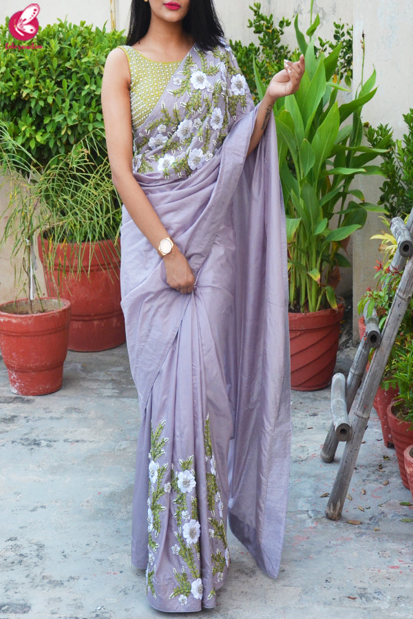 Lavender Grey Pure Silk Floral Ribbon Handwork Saree