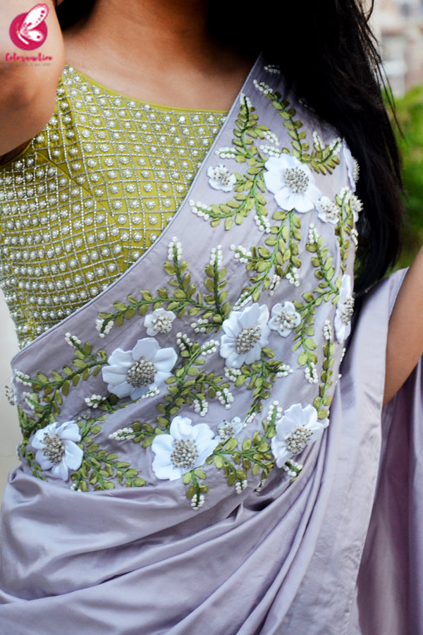 Lavender Grey Pure Silk Floral Ribbon Handwork Saree