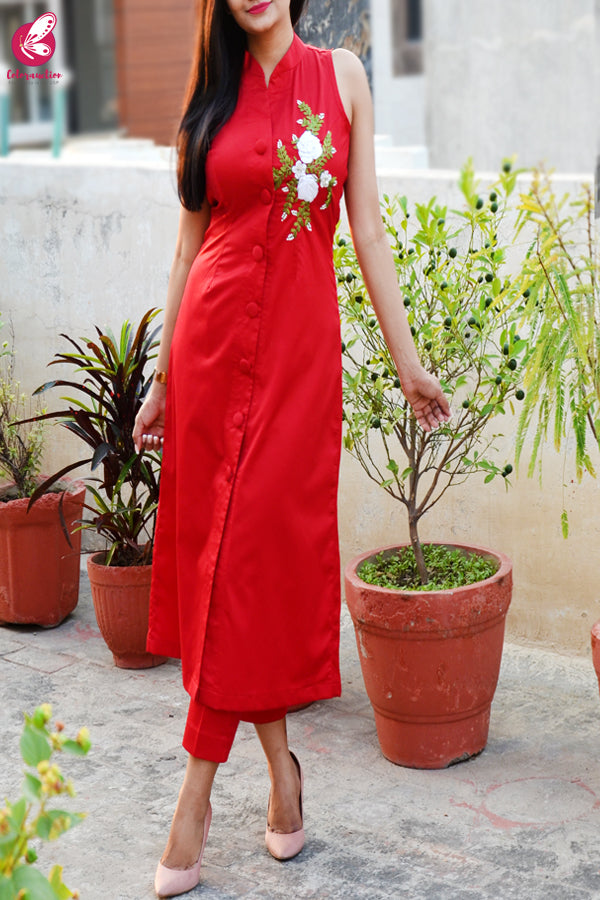 Red Ribbon Handwork Cotton Silk Kurti with Red Cotton Silk Pants