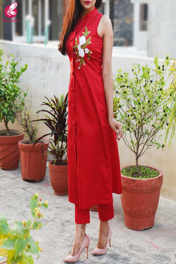 Red Ribbon Handwork Cotton Silk Kurti with Red Cotton Silk Pants