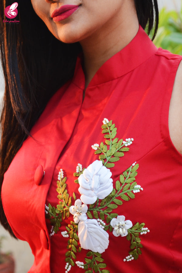 Red Ribbon Handwork Cotton Silk Kurti with Red Cotton Silk Pants