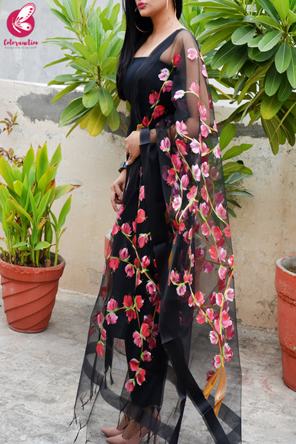 Black Organza Red Hand painted Stole