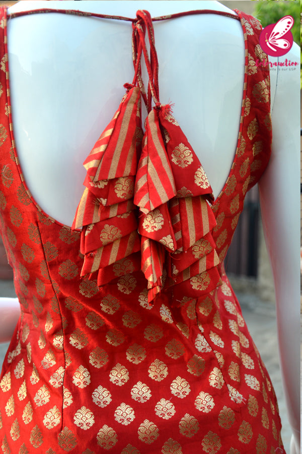 Red Golden Padded Silk Brocade Sleeveless Kurti with Red Golden Brocade Lehriya Silk Pants and Red Golden Lehriya Dupatta