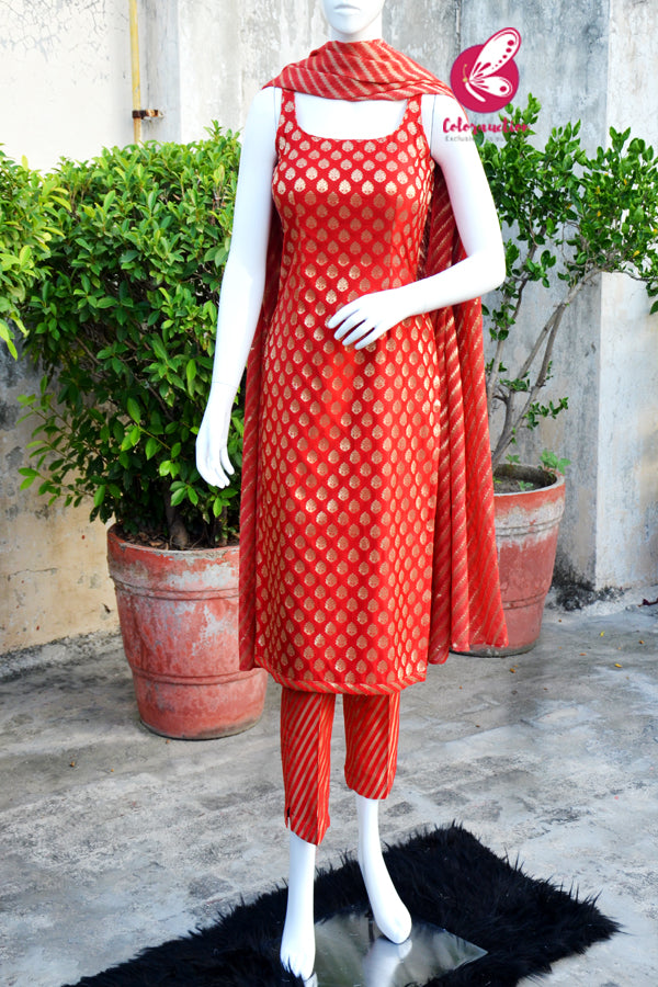 Red Golden Padded Silk Brocade Sleeveless Kurti with Red Golden Brocade Lehriya Silk Pants and Red Golden Lehriya Dupatta