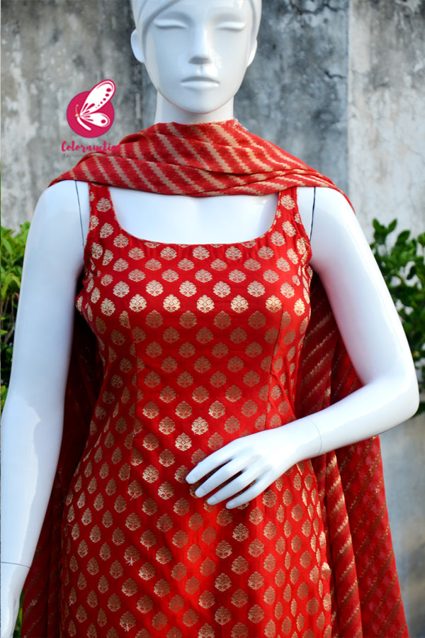 Red Golden Padded Silk Brocade Sleeveless Kurti with Red Golden Brocade Lehriya Silk Pants and Red Golden Lehriya Dupatta