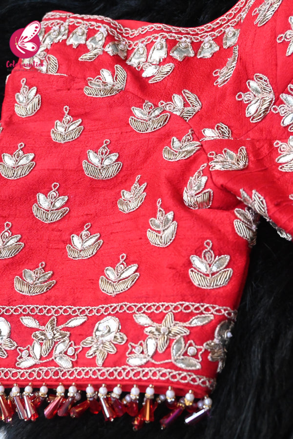 Red Raw Silk Dabka Sequins Hand Embroidered Padded Heavy Blouse
