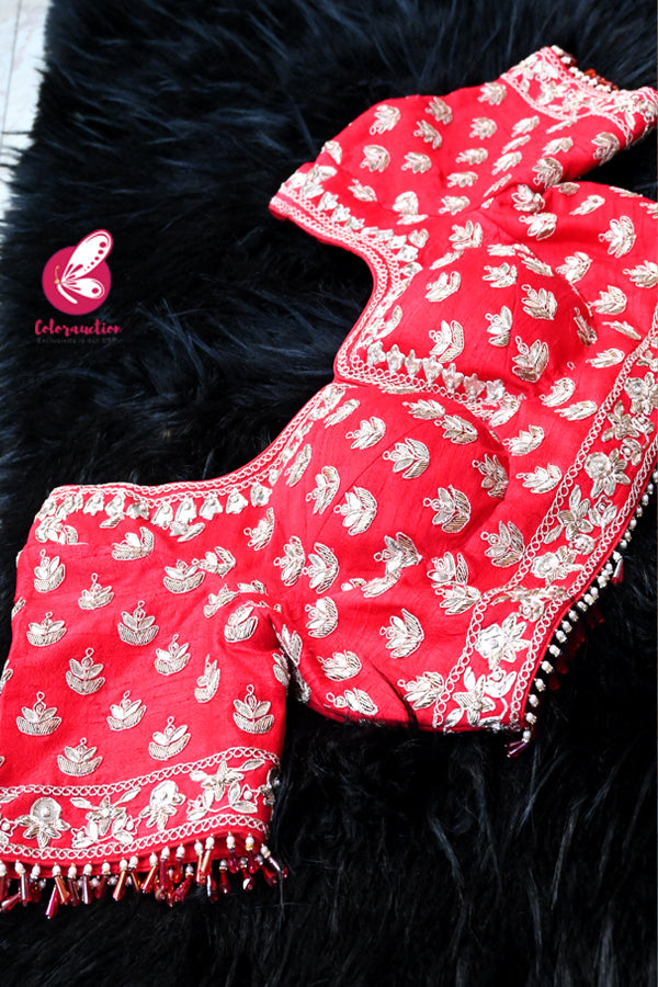 Red Raw Silk Dabka Sequins Hand Embroidered Padded Heavy Blouse