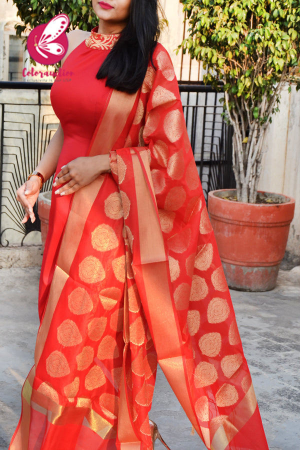 Red Cotton Silk Golden Brocade Padded Kurti with Red Cotton Silk Pants and Red Golden Chanderi Dupatta