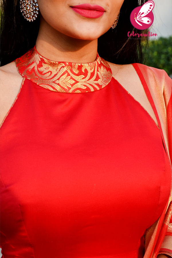 Red Cotton Silk Golden Brocade Padded Kurti with Red Cotton Silk Pants and Red Golden Chanderi Dupatta