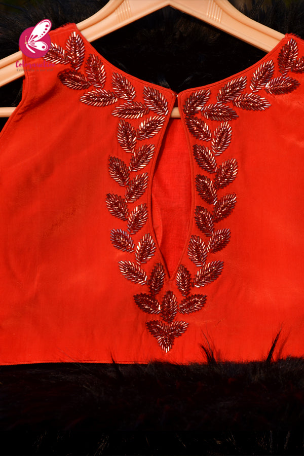 Red Crepe Beads Handwork Padded Keyhole Back Blouse