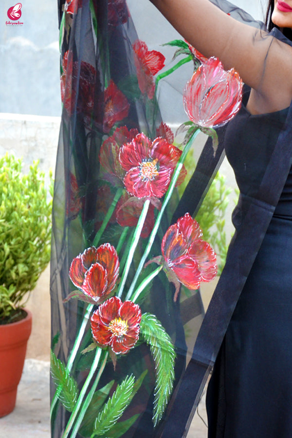 Black Organza Floral Handpainted Stole