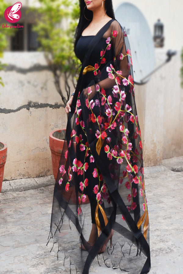 Black Organza Red Hand painted Stole