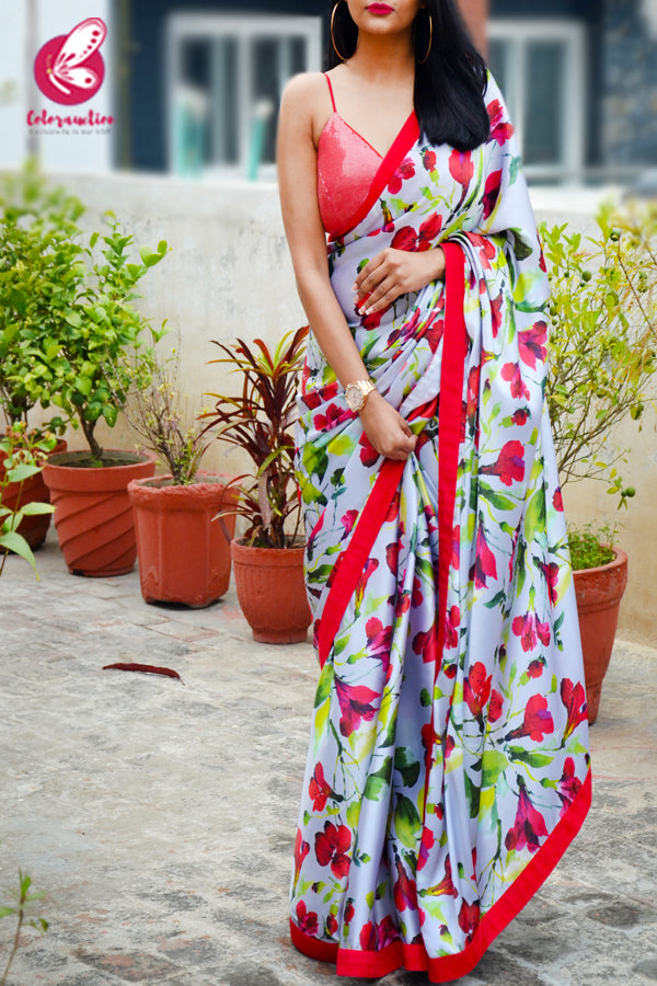 Red &amp; Grey Printed Satin Red Dupion Taping Saree
