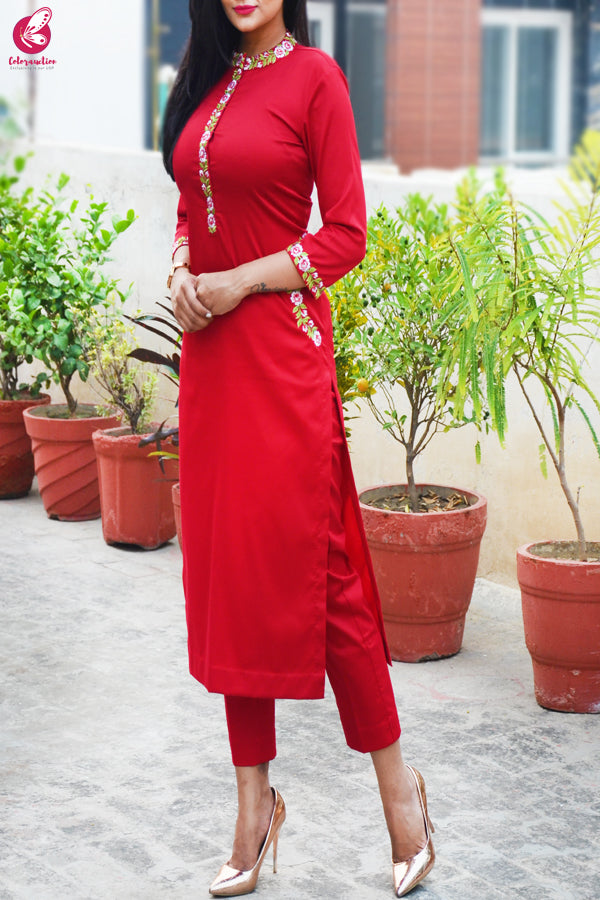 Red Cotton Silk Embroidered Kurti Set