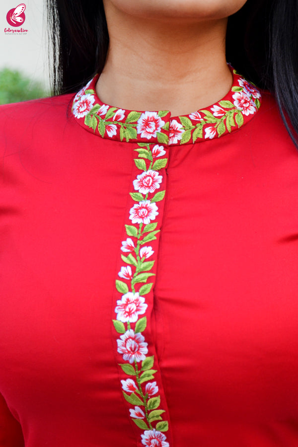 Red Cotton Silk Embroidered Kurti Set