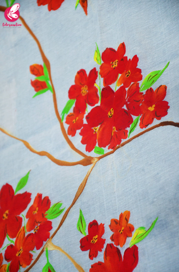 Off White Chanderi Floral Handpainted Stole