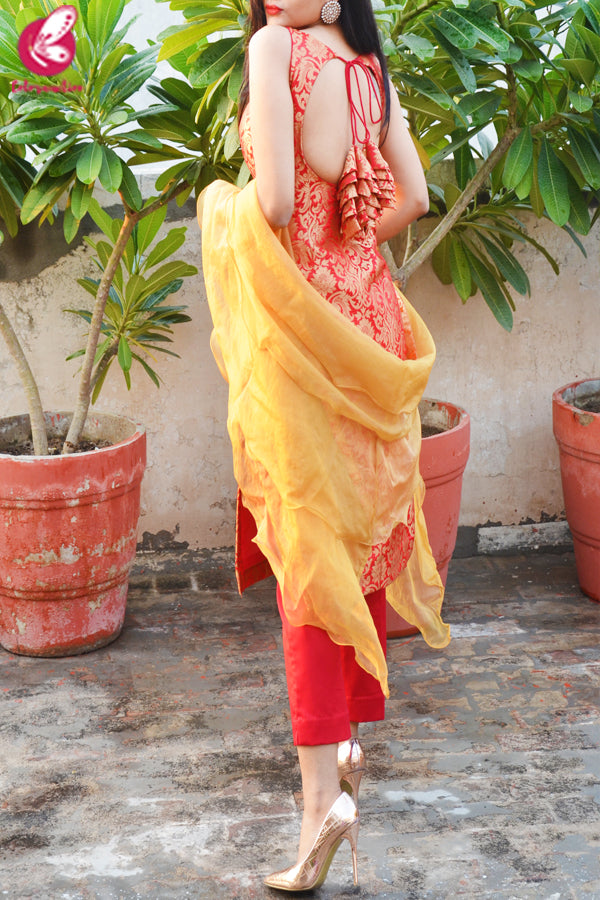 Red Golden Brocade Padded Kurti with Red Cotton Silk Pants and Golden Organza Ruffle Dupatta