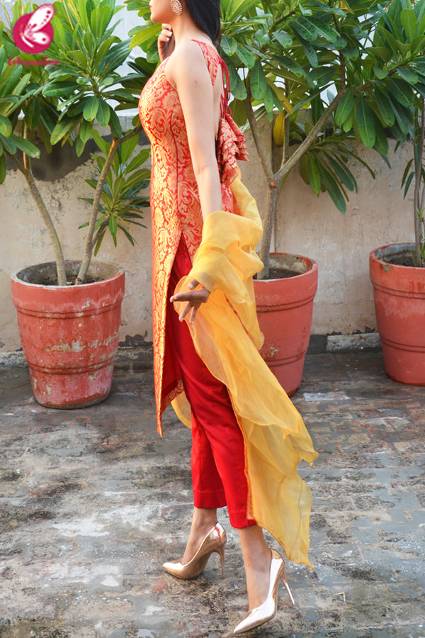 Red Golden Brocade Padded Kurti with Red Cotton Silk Pants and Golden Organza Ruffle Dupatta
