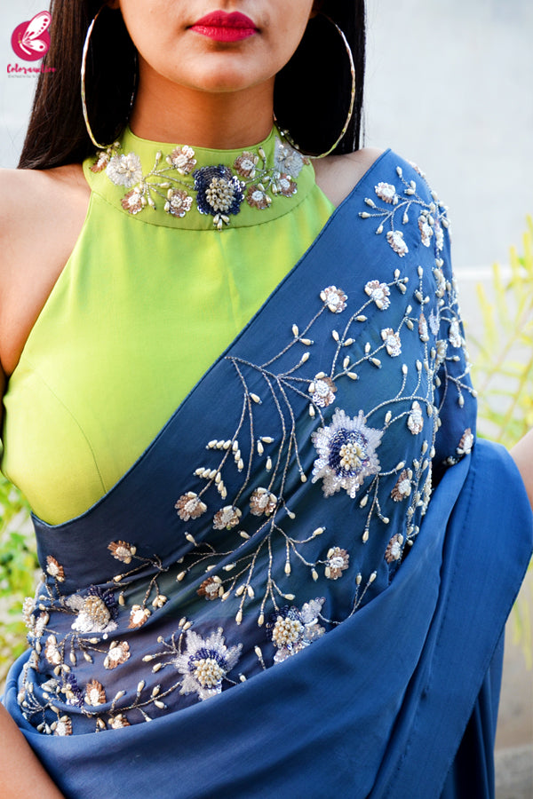 Blue Pure Silk Chiffon Sequins Pearl Handwork Saree