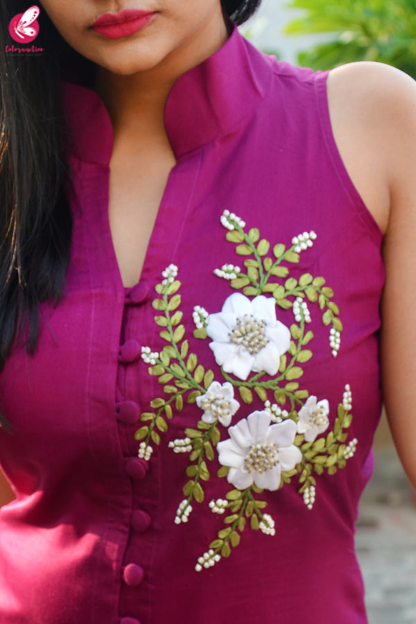 Wine Ribbon Handwork Cotton Silk Kurti with Wine Cotton Silk Pants