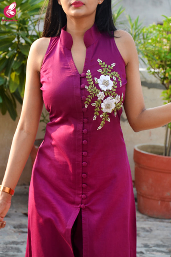 Wine Ribbon Handwork Cotton Silk Kurti with Wine Cotton Silk Pants