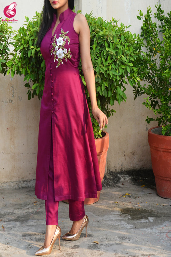 Wine Ribbon Handwork Cotton Silk Kurti with Wine Cotton Silk Pants