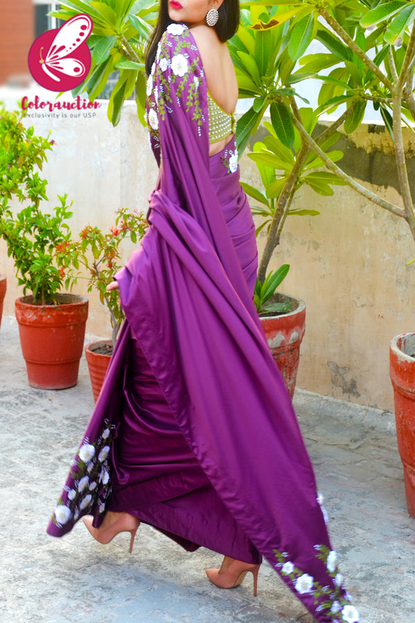 Plum Pure Satin Floral Ribbon Handwork Saree
