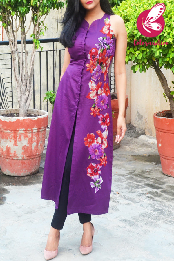 Purple Cotton Silk Sleeveless Patch Work Kurti