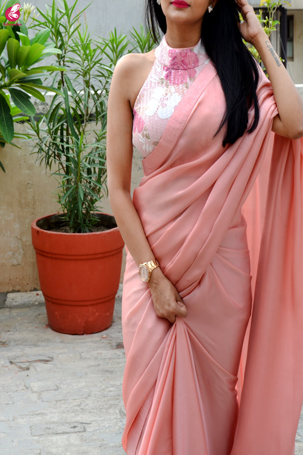 Rose Pink Silk Georgette Dupion Silk Saree