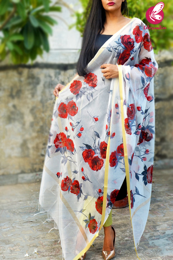 Off White Pure Organza Grey Red Roses Floral Stole