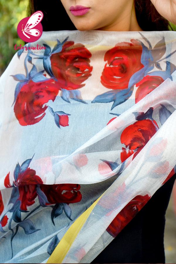 Off White Pure Organza Grey Red Roses Floral Stole