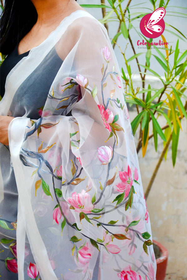 White Organza Handpainted Pink Floral Stole