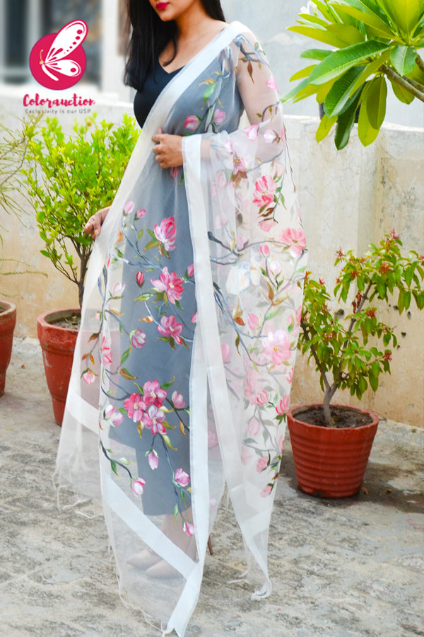 White Organza Handpainted Pink Floral Stole