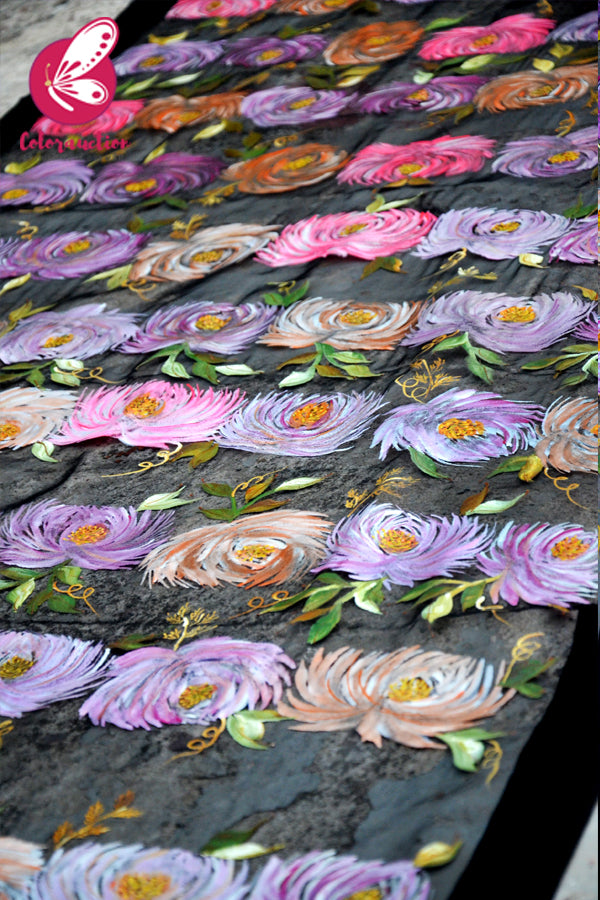 Black Pure Organza Floral Multicoloured Roses Hand painted Stole