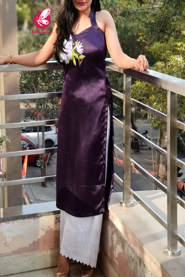 Purple Embroidered Satin Halter Neck Straight Fit Kurti